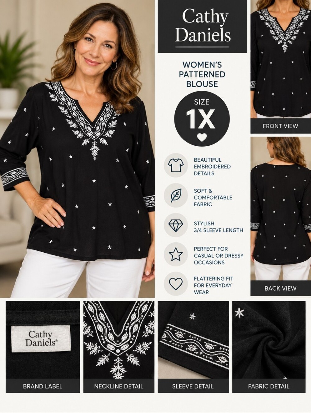 Cathy Daniels women's 1X black patterned blouse #31